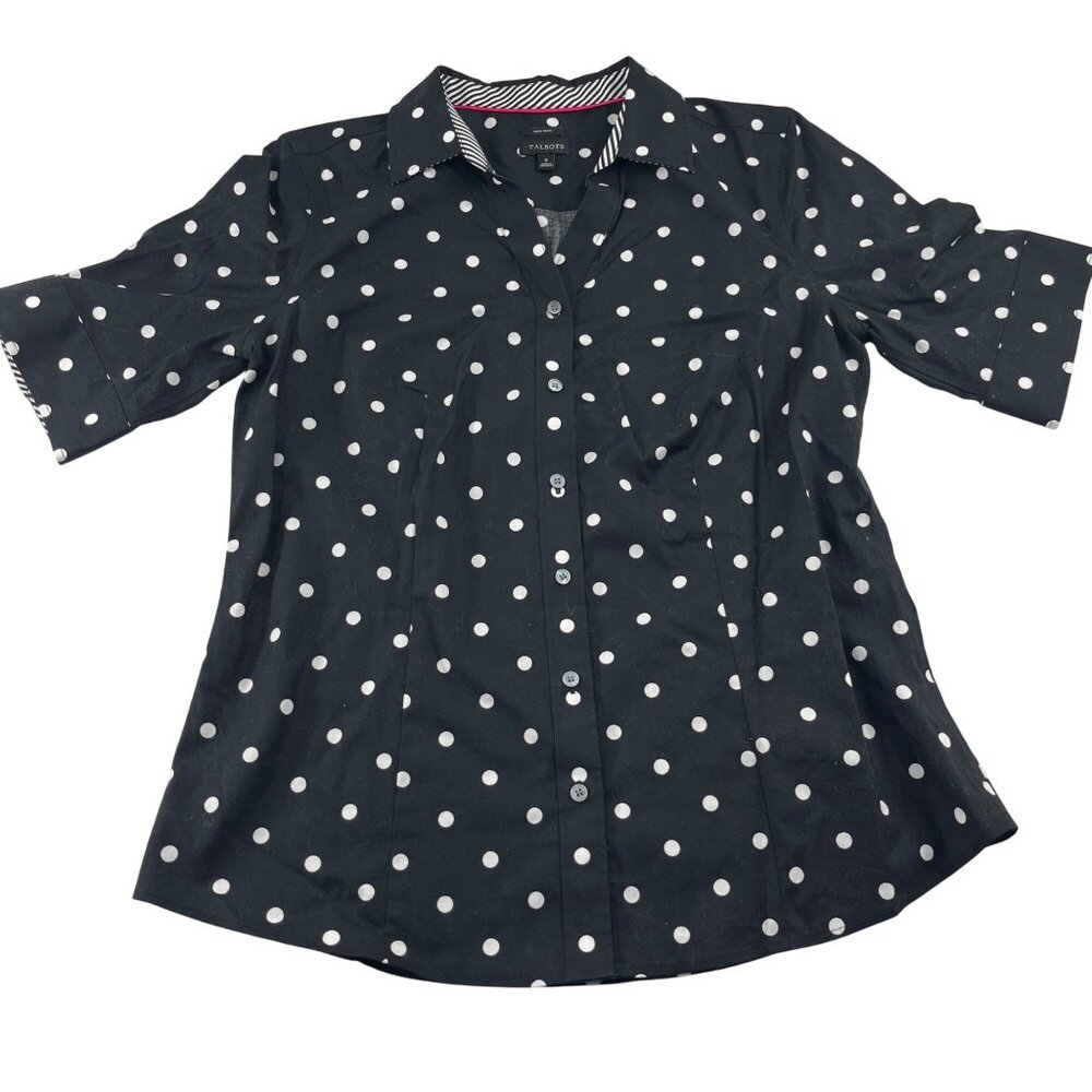 Talbots Womens Non-Iron Black Polka Dot Shirt Size 6 Cotton-Blend‎